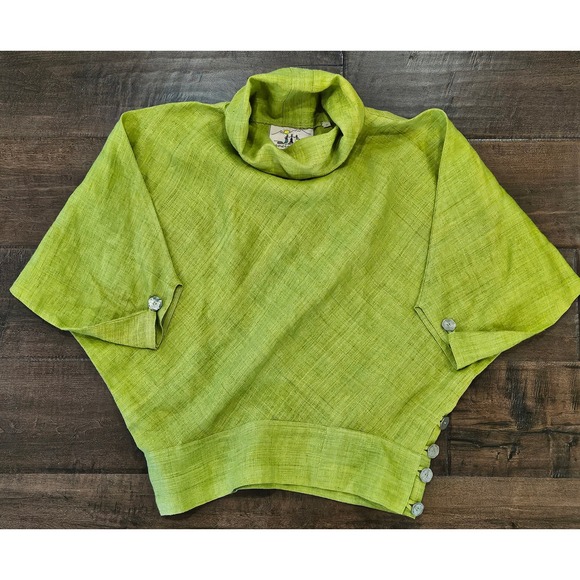 Dancing Ladies Tops - RARE Boho Dancing Ladies Lime Green 100% Hemp Cowl Neck Coin Buttons M